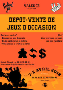 affiche du dépôt-vente de jeux d'occasion 2018 organisé par l'association Stratagemme au 7e Festival du jeu de Valence