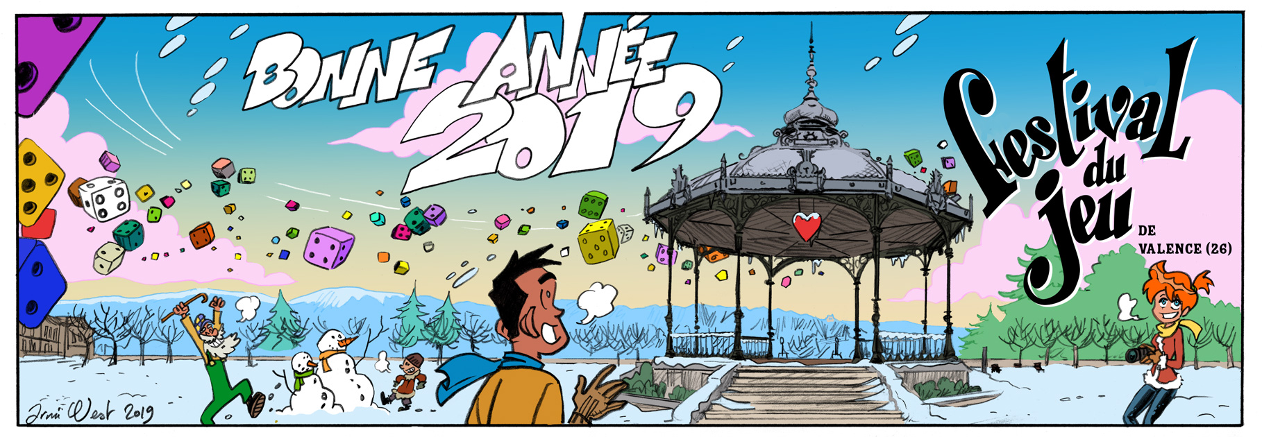 voeux 2019 du festival du jeu de Valence, dessiné par Arnü West et mis en couleurs par Albertine Ralenti