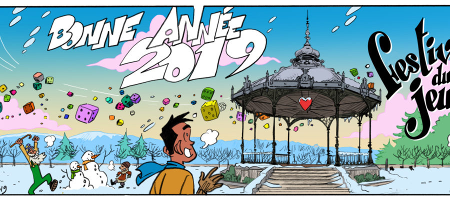 voeux 2019 du festival du jeu de Valence, dessiné par Arnü West et mis en couleurs par Albertine Ralenti