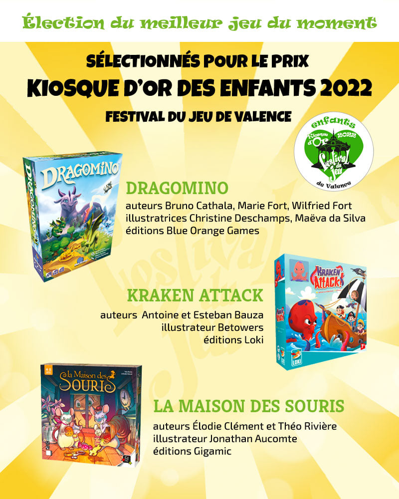 Jeux nommés au prix Kiosques d'or enfants 2022 Dragomino, la Maison des souris, Kraken Attack