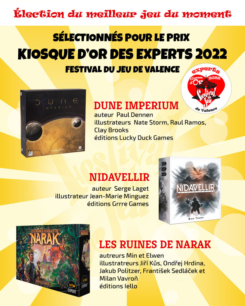 Jeux nommés au prix Kiosques d'or experts 2022 du Festival du jeu de Valence : Dune Imperimum, Nidavellir, les Ruines de Narak