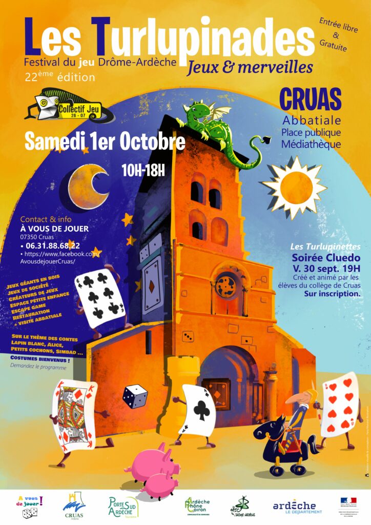affiche des 22e Turlupinades, festival du jeu de société itinérant en Drôme et en Ardèche 2022
