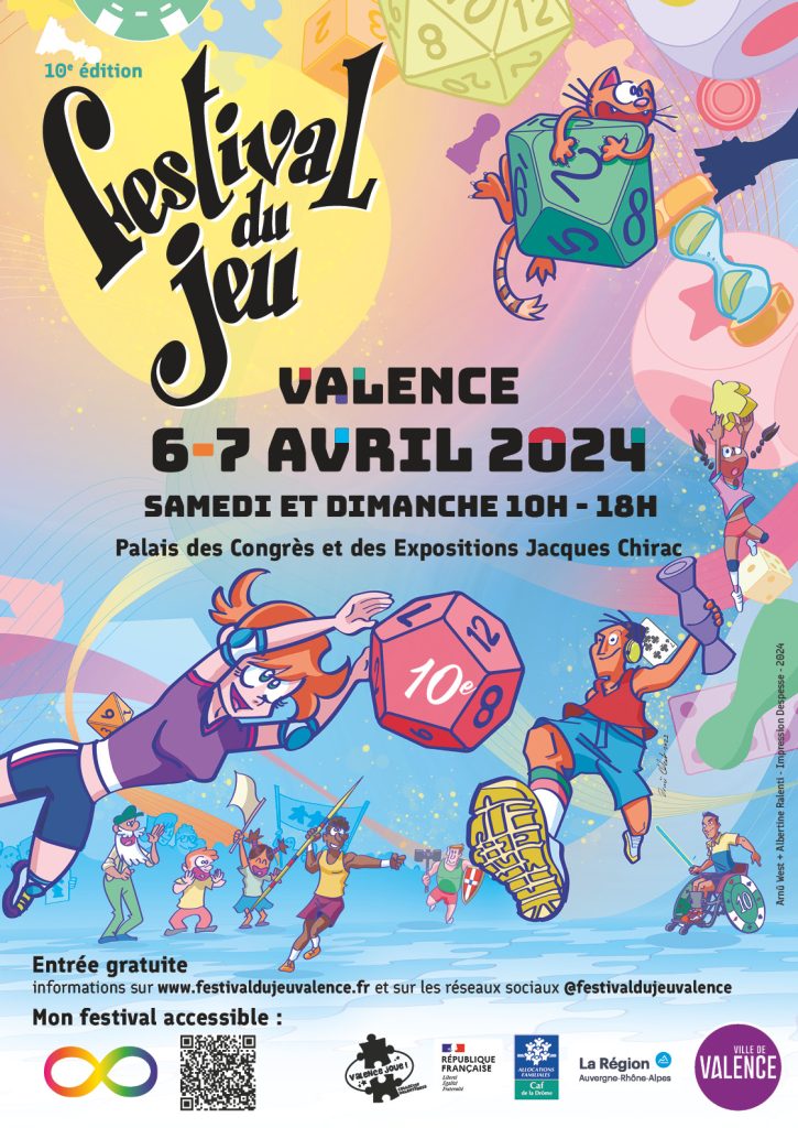 affiche du 10e festival du jeu de société de Valence, sur le thème sports et jeux, au Palais des congrès et des expositions Jacques Chirac, les 6 et 7 avril 2024. Le visuels représentent des personnages dessinés en couleurs en train de faire du sport avec des éléments de jeux de société comme des dés, des pions, un sablier, un mikado...