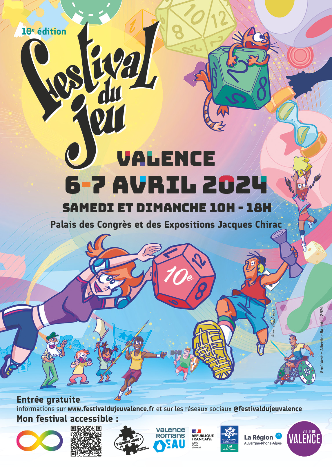 affiche du 10e festival du jeu de société de Valence, sur le thème sports et jeux, au Palais des congrès et des expositions Jacques Chirac, les 6 et 7 avril 2024. Le visuels représentent des personnages dessinés en couleurs en train de faire du sport avec des éléments de jeux de société comme des dés, des pions, un sablier, un mikado...