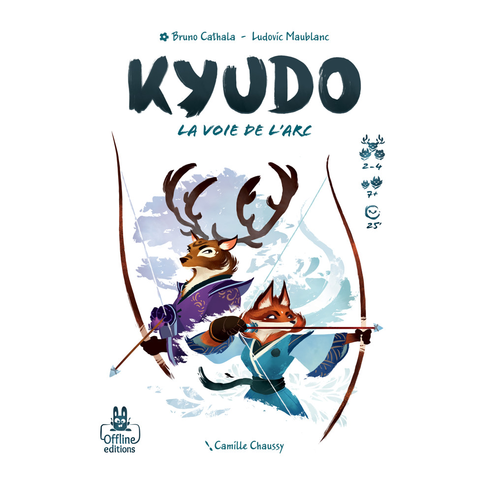 couverture du jeu Kyudo de Bruno Cathala et Ludovic Maublanc, illustré par Camille Chaussy, édité chez Offline editions