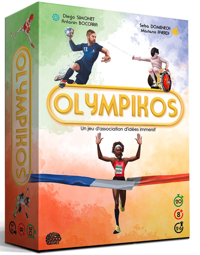 boîte du jeu de société Olympikos des auteurs Antonin Boccara et Diego Simonet sur le thème des JO 2024