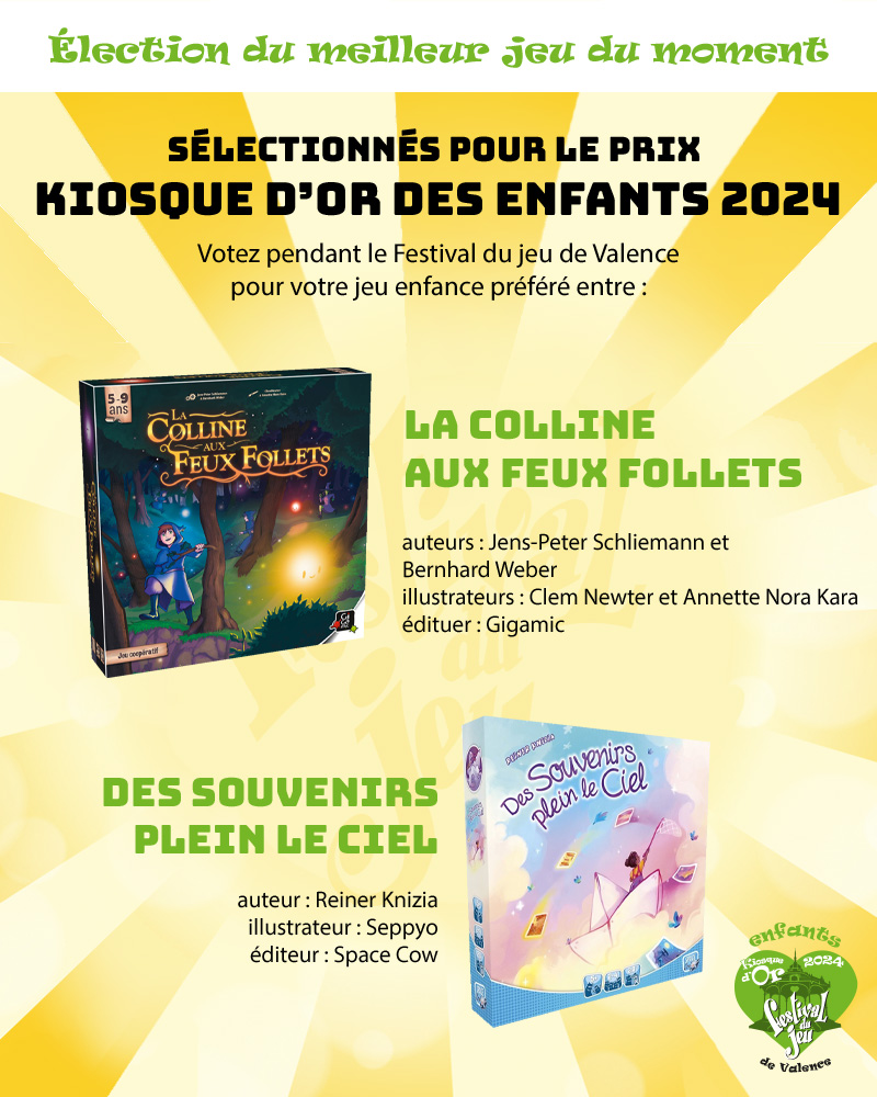 jeux de société nommés au prix Kiosque d'or des enfants 2024 du Festival du jeu de Valence : La colline aux feux follets et Des souvenirs plein le ciel