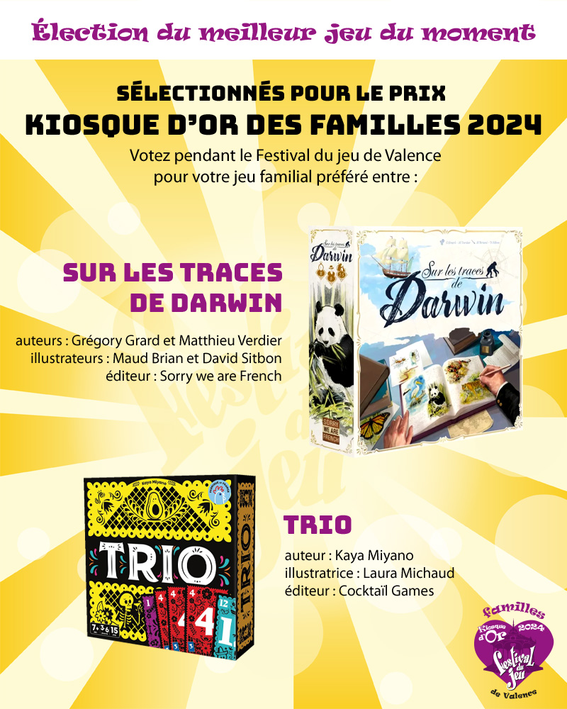 jeux de société nommés au prix Kiosque d'or des familles 2024 du Festival du jeu de Valence : Sur les traces de Darwin et Trio