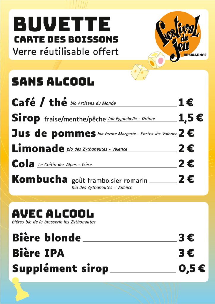 carte des tarifs des boissons de la buvette du Festival du jeu de société de Valence arvil 2024